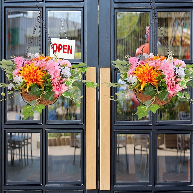Spring Wreath Hanging Flower Basket - Portable Hooked Artificial Potted Plant for Outdoor Patio & Door Decoration2
