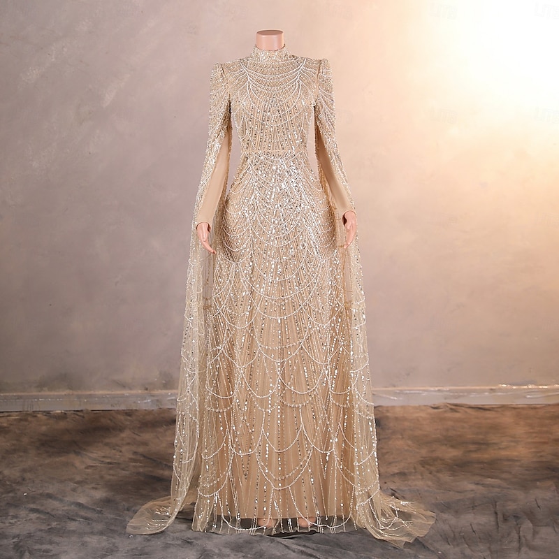 Mermaid / Trumpet Evening Gown Elegant Dress Formal Prom Sweep / Brush Train Long Sleeve Stand Collar Lace with Pearls Sequin