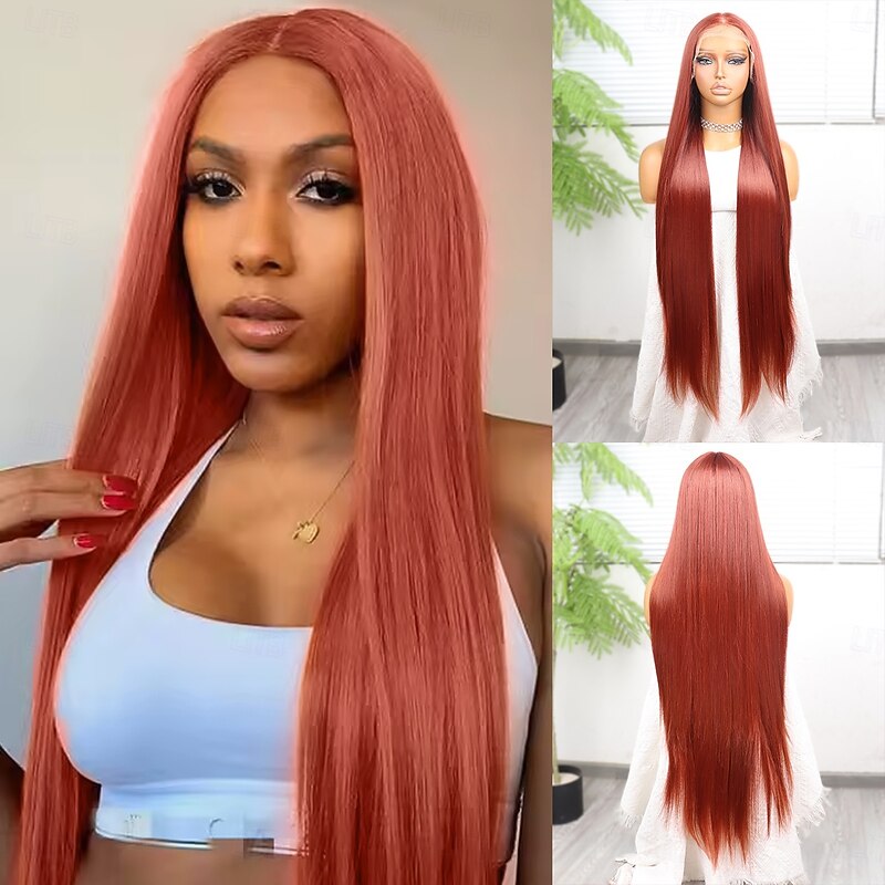 Synthetic Lace Wig Straight Style 38 inch Orange Middle Part 13x4x1 T Part Lace Front Wig Women's Wig Orange / White / Blue