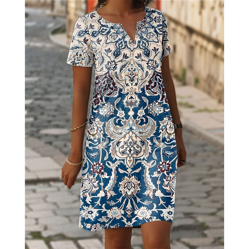 Women's Mini Dress Casual Dress T Shirt Dress Tee Dress Shift Dress Summer Dress Elegant Stylish Formal Vacation Work Casual Linen Like Regular Fit Graphic Bohemian Short Sleeve V Neck Blue Summer