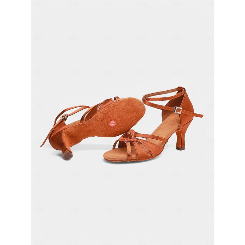 Women's Tan Strappy Latin Dance Shoes with Mid Heel – Professional Ballroom & Salsa Performance Sandals2
