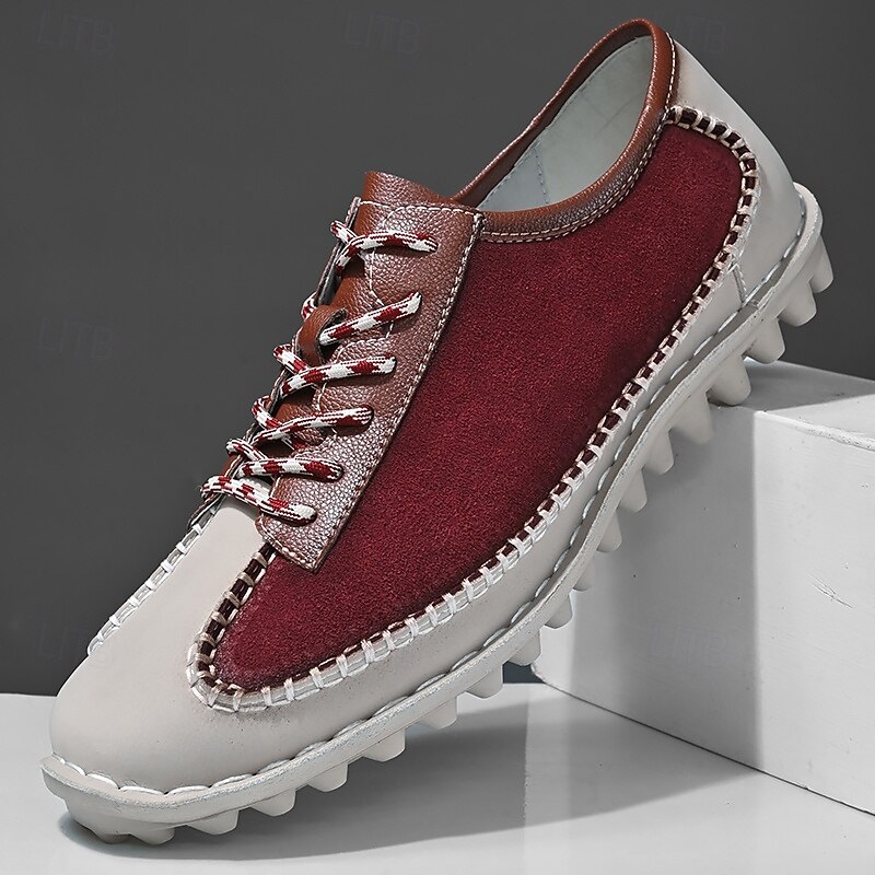 Men's Burgundy & Gray Handmade Lace-Up Casual Shoes – Vintage Leather Walking Shoes