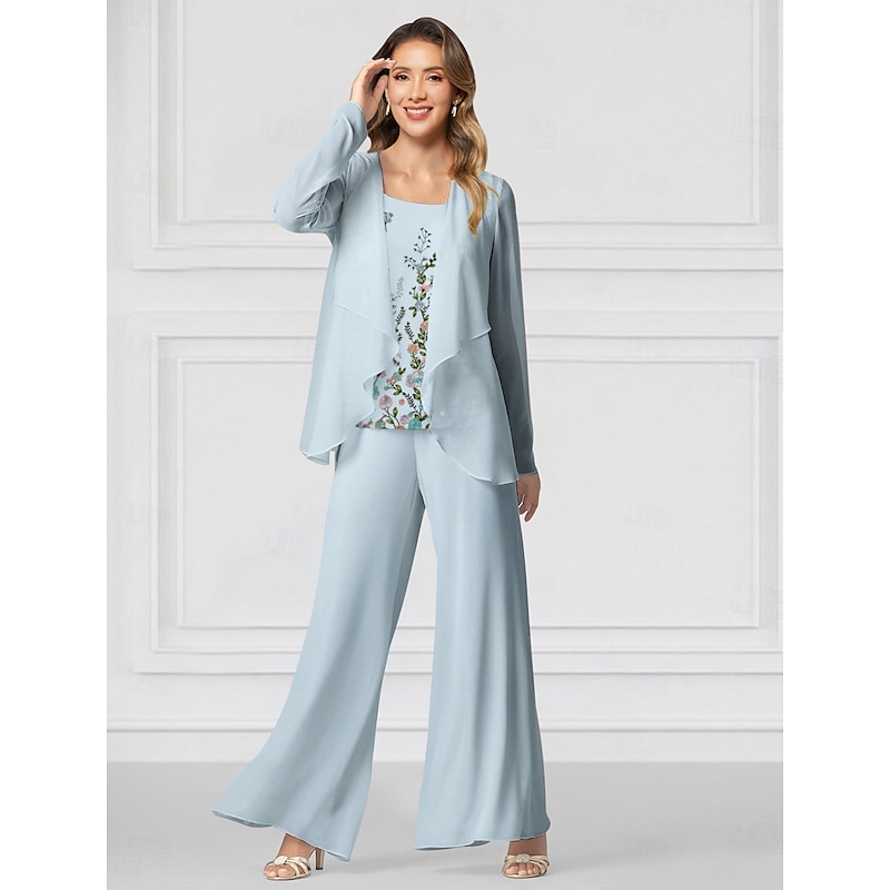 Floral Pantsuit 3 Piece Mother of the Bride Wedding Guest Elegant Jewel Neck Floor Length Chiffon Long Sleeve Wrap Included with Lace Ruffles Embroidery