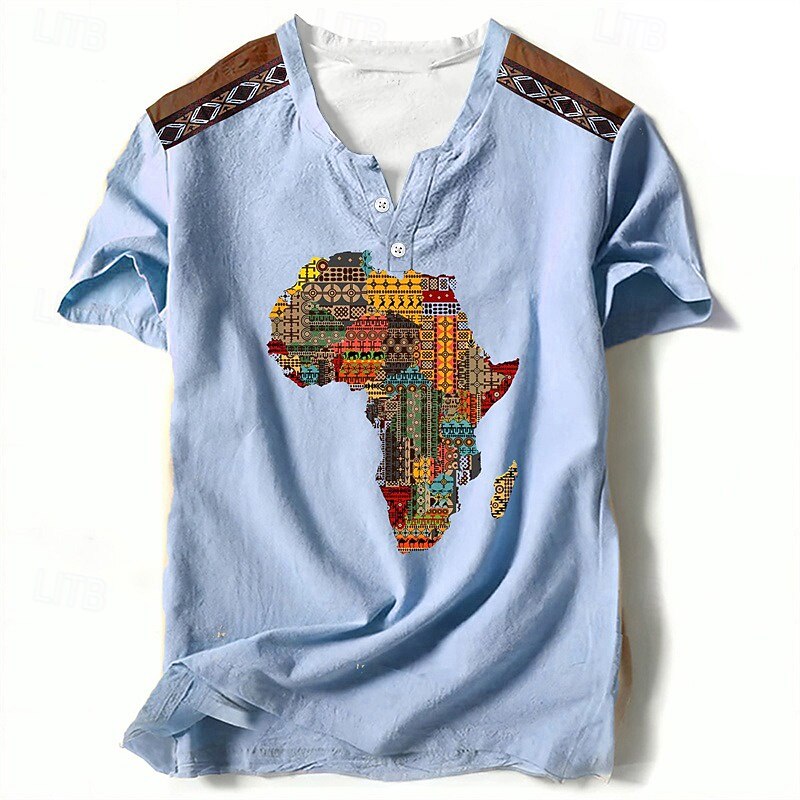 Independence Day Map Of Africa Mens Graphic Shirt Tribal Prints Designer Classic Casual 3D Tee Henley Vintage Outdoor Daily Vacation Light Brown Blue African Cotton4