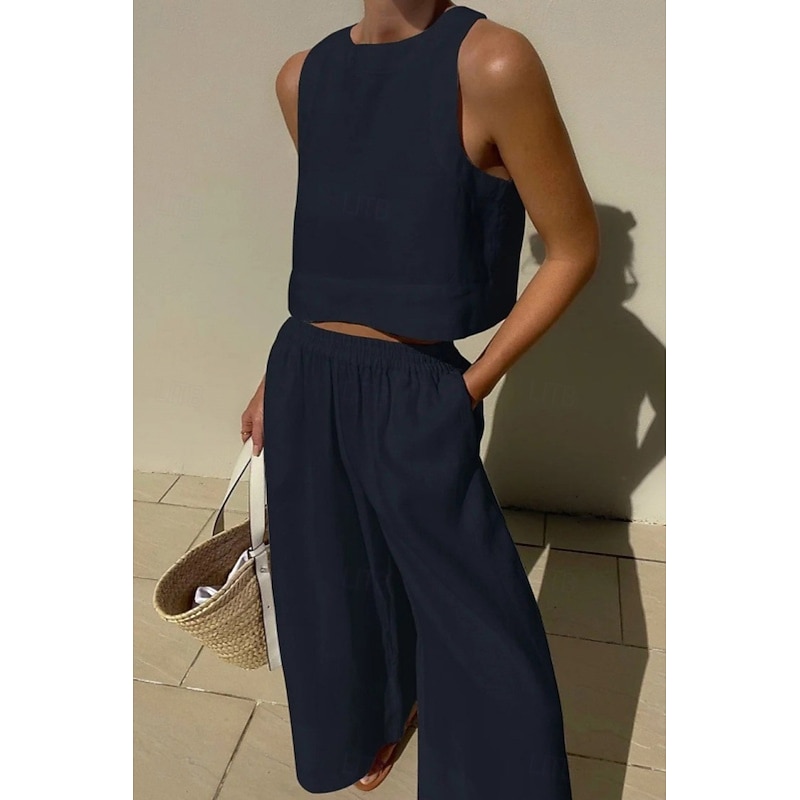 Women's Daily Shirt Linen-Inspired Sets Two Piece Sets Sleeveless Crew Neck Solid Color Ruched Daily Holiday White Yellow Dark Navy Summer Regular Fit3