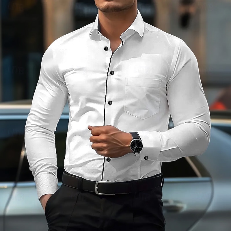 Men's Dress Shirt Non Iron Shirt Plain Wedding Work Light Blue White Long Sleeve Spread Collar Summer Spring Clothing Apparel