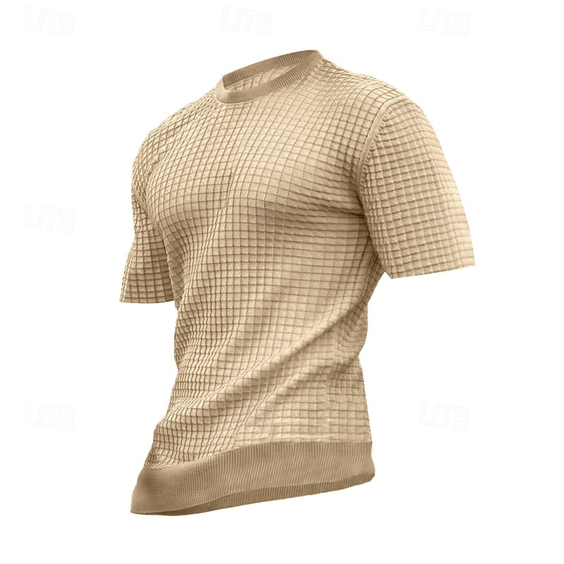 Men's T Shirt Tee Waffle Knit Tee Short Sleeve Shirt Short Sleeve Crew Neck Summer Plain Fashion Designer Basic Jacquard Vacation Street Going out Black White khaki Top Tee for Men2