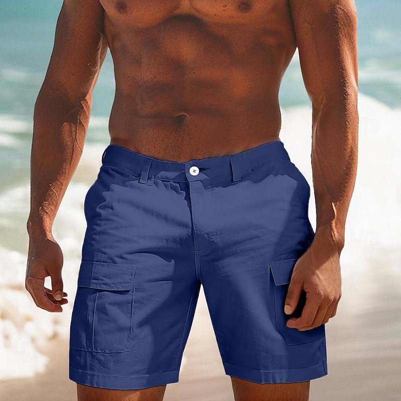 Men's Cargo Shorts Linen Shorts Summer Shorts Beach Shorts Buttons Multi Pocket Straight Leg Plain Comfort Breathable Knee Length Outdoor Daily Holiday Vacation Fashion White Sky Blue4