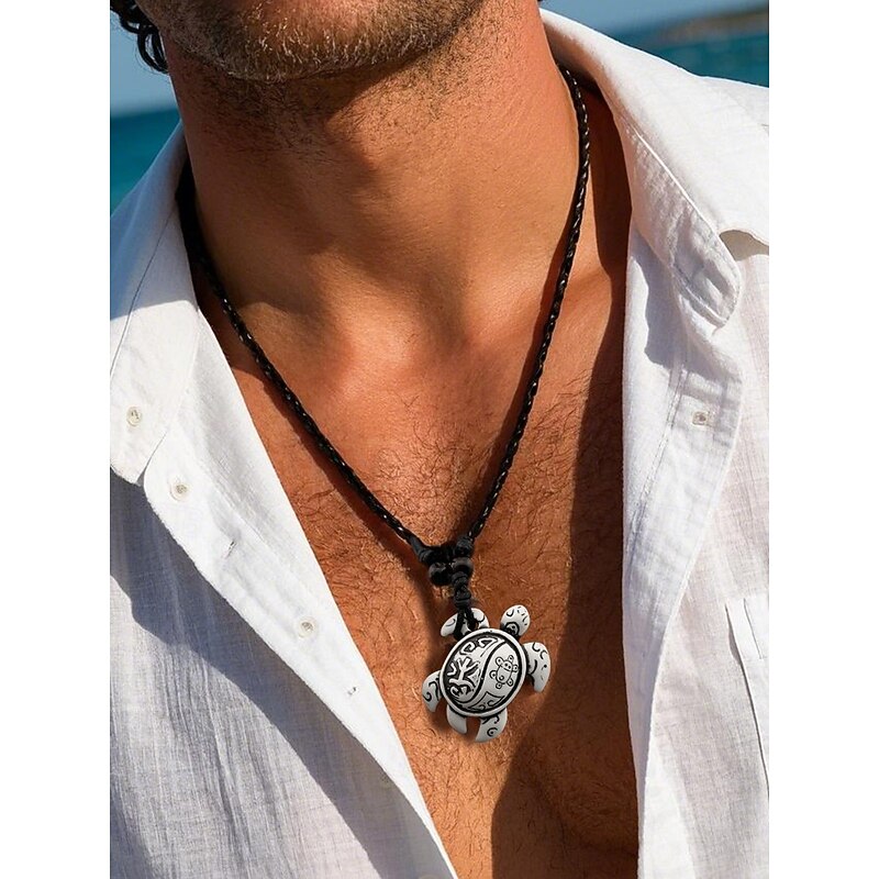 "Men's Tribal Sea Turtle Pendant Necklace – Vintage Handcrafted Leather Rope Chain, Boho Surf Style Jewelry for Beach, Vacation, and Casual Wear"3