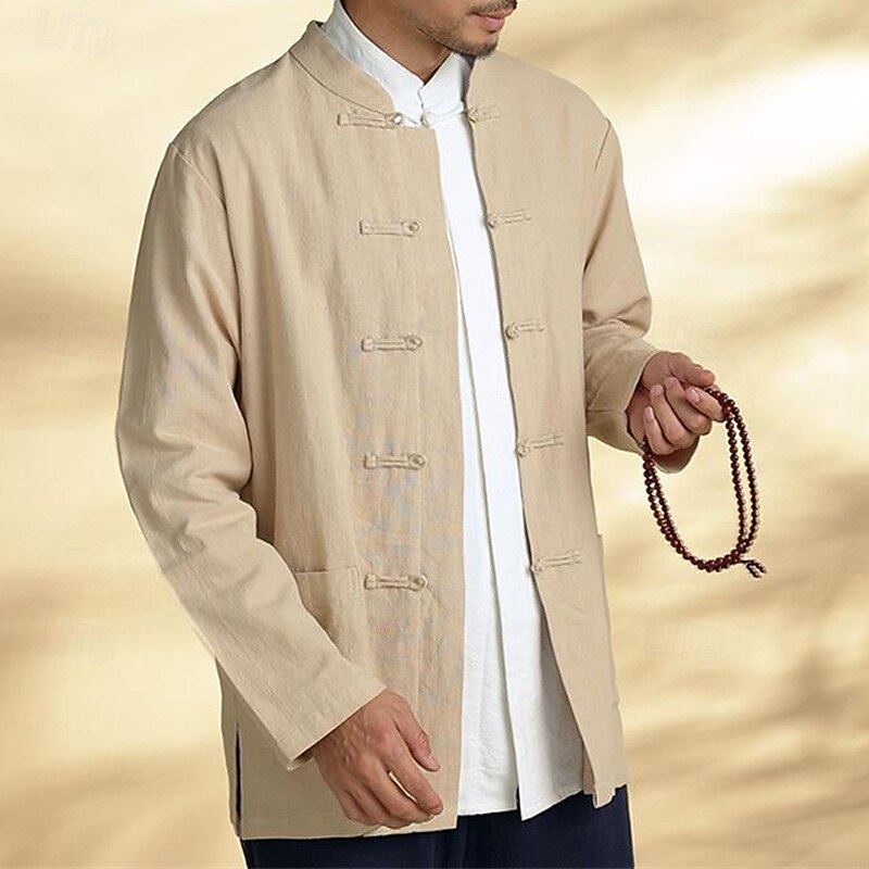 Men's Shirt Linen Shirt Casual Shirt Button Up Shirt Cotton Shirt Plain Vacation Hawaiian Black Navy Blue Khaki Long Sleeve Band Collar Spring Clothing Apparel Front Pocket4