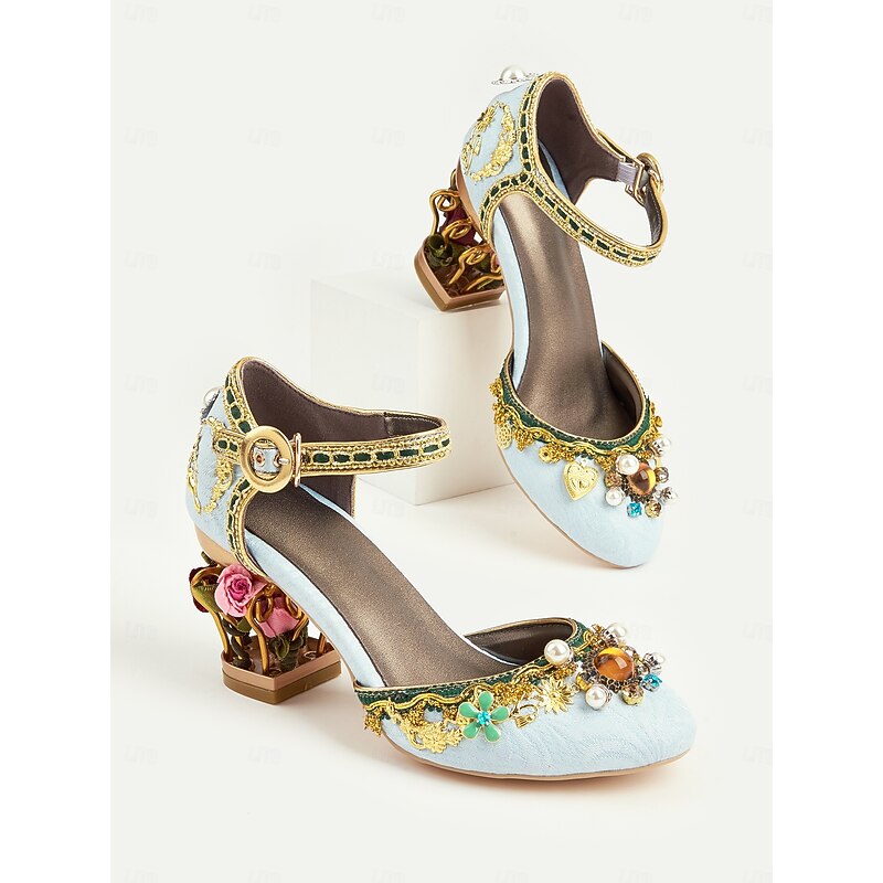 Women's 1920s Vintage Gatsby Baroque Mary Jane Heels-Elegant Light Blue Embellished Pumps with Pearl and Floral Details for Weddings, Parties, and Special Occasions4