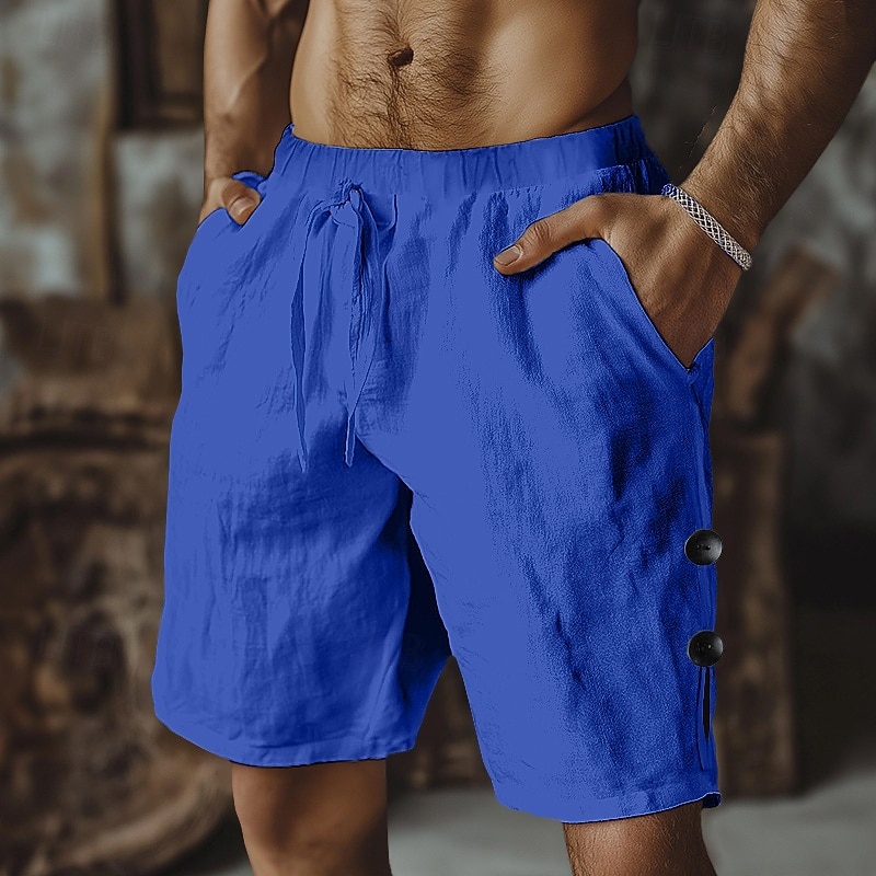 Men's Shorts Linen Shorts Summer Shorts Beach Shorts Drawstring Elastic Waist Side Button Plain Comfort Breathable Knee Length Casual Daily Holiday Fashion Retro Vintage Black White