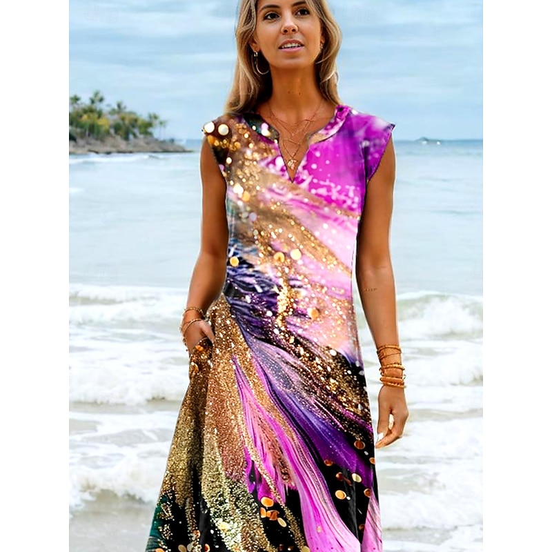 Women's Maxi Dress Sundress Shift Dress Vacation Boho Beach Party Beach Standard Fit Ombre Graphic Galaxy Sleeveless V Neck Pink Summer Spring2