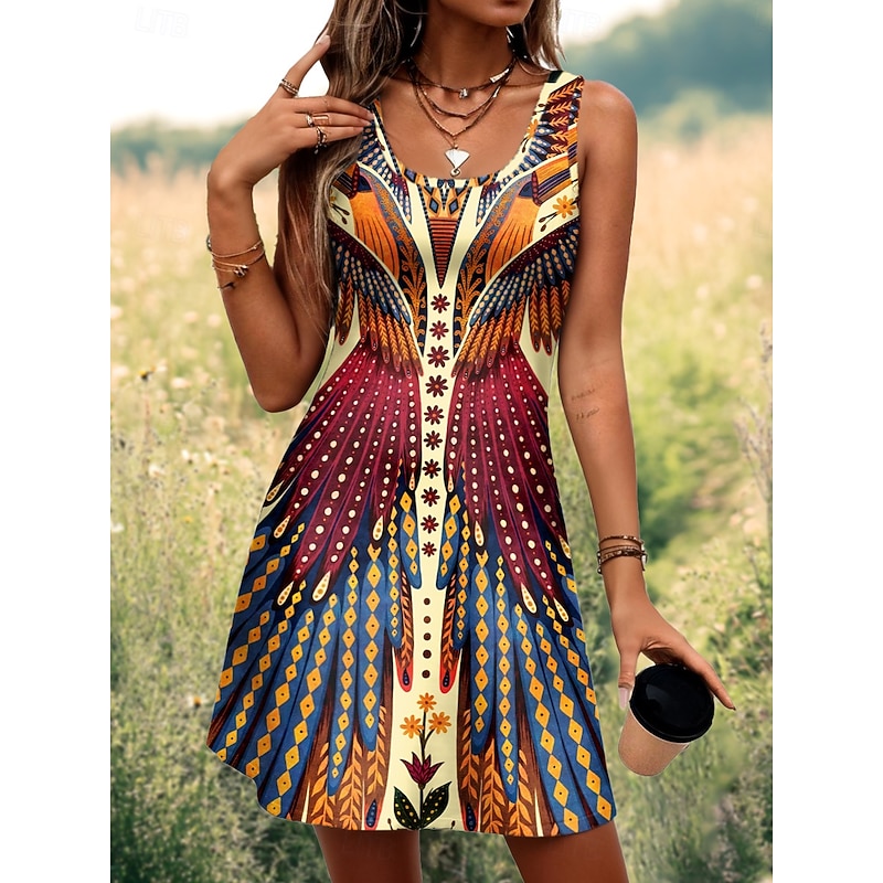 Women's Mini Dress A Line Dress Summer Dress Off The Shoulder Dress Bohemia Vacation Vintage Daily Loose Fit Floral Graphic Tropical Sleeveless U Neck Maroon Pink Blue Summer Spring2