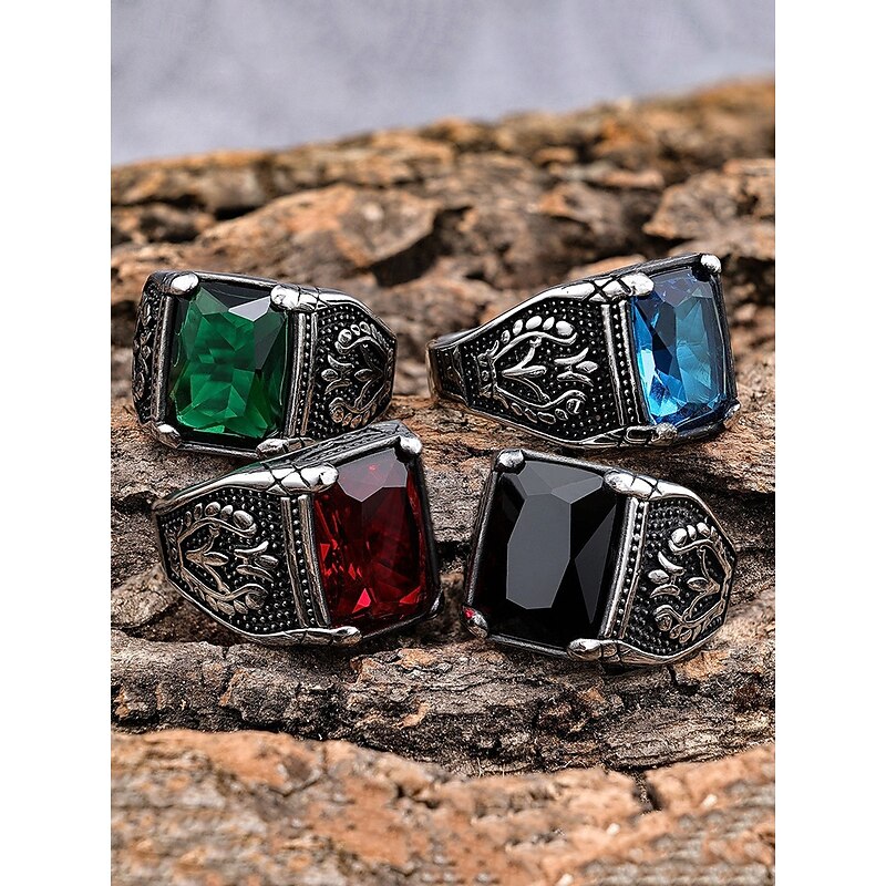 Vintage Men's Stainless Steel Emerald Gemstone Ring - Vintage Gothic Silver Statement Ring, Engraved Antique Style, Fashion Jewelry for Weddings, Parties and Daily Wear4