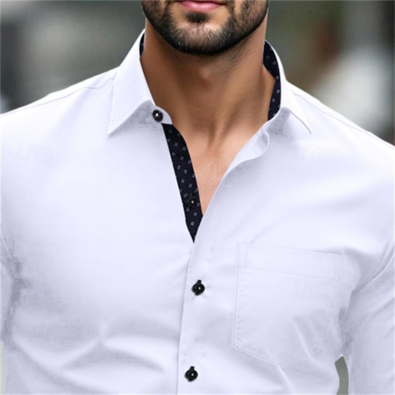 Men's Dress Shirt Non Iron Shirt Wedding Outdoor Light Blue White Dark Navy Long Sleeve Summer Spring Clothing Apparel Pocket3