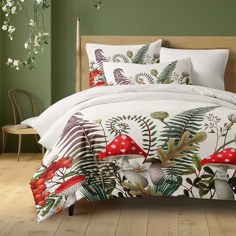 Mushrooms Plants Duvet Cover Full Size Bedding Set Bed Sets Quilt Cover Soft Lightweight Comforter Cover with 2 Pillowcases for Summer Spring