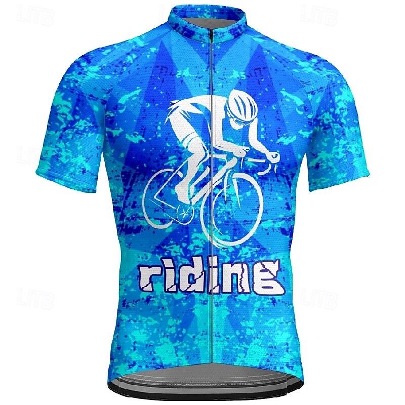 Men's Cycling Jersey Geometric Letter & Number Short Sleeve Bike Tee Tshirt Jersey with 3 Rear Pockets Mountain Bike MTB Quick Dry Anatomic Design Wicking Breathable Sports Dark Purple Blue Sky Blue