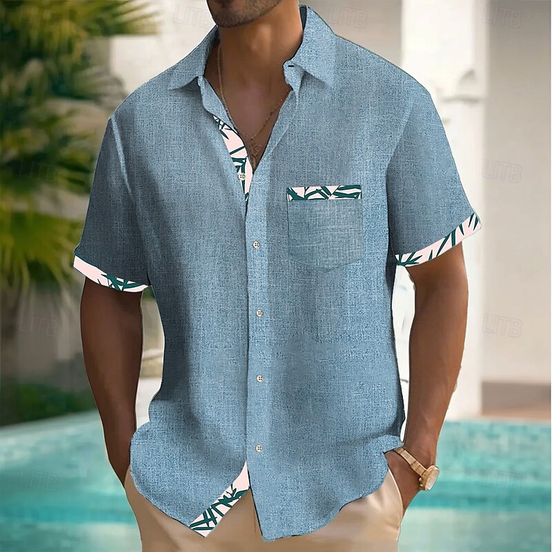Men's Leaf Tropical Plants Linen Shirt Summer Hawaiian Shirt Button Up Shirt Short Sleeve Hawaiian Resort Vacation Holiday Beach Wear Summer Spring Turndown Collared Shirts Front One Pocket Pink Blue2