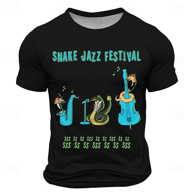 Men's Music Snake Funny T Shirt Short Sleeve T shirt 3D Print Crew Neck Shirt Fashion Daily Street Daily Black Blue Brown Summer Spring Clothing Apparel S M L XL XXL XXXL