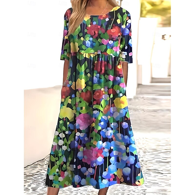 Women's Midi Dress Sundress Pleated Dress Vacation Casual Beach Daily Going out Summer Dress Loose Fit Floral Graphic Short Sleeve Crew Neck White Pink Blue Dark Blue Summer4