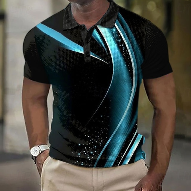 Men's Geometic Line Waffle Polo Shirts Short Sleeve Polo Shirts Collared Shirts Business Casual Business Athleisure Wear to work Buttons 3D Print Summer Red Blue Green