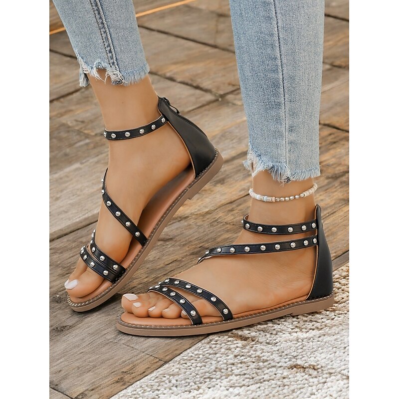 Women's Studded Gladiator Sandals – Black Strappy Flat Sandals with Rivet Details for Summer, Casual and Beach Wear2