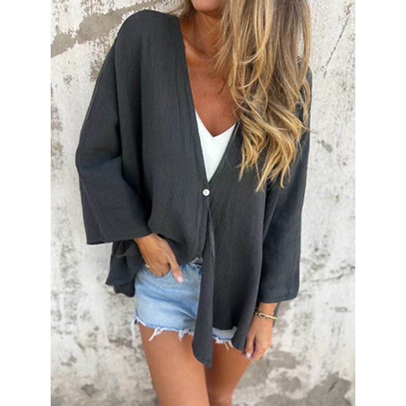 Women's Cotton Linen Blouse Shrugs Solid Color Basic Casual Long Sleeve V Neck Regular Tops Daily Buttons Black Orange Brown Green Dark Gray Summer3
