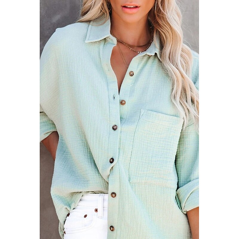 Women's Shirt Linen-Inspired Shirts Button Up Plain Stylish Long Sleeve Shirt Collar Regular Tops Daily Holiday Buttons Black White Light Green Orange Summer