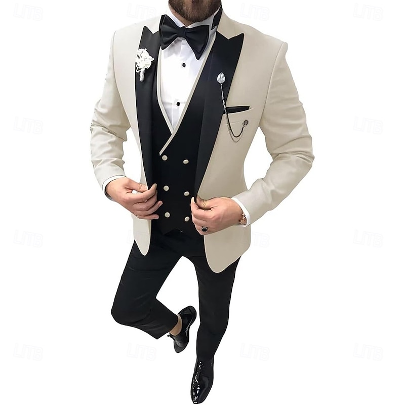 Men's Wedding Prom Party Suits Peaked Lapel Champagne Red Fashion Formal Solid Colored Standard Fit 3 Piece Single Breasted One-button4