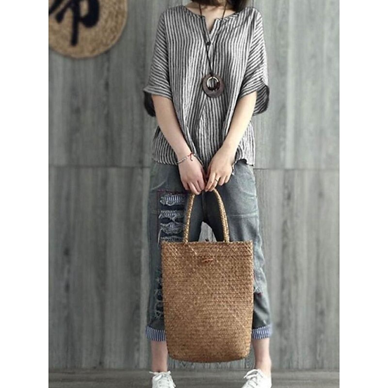 Women's Cotton Linen Blouse Graphic Elegant Vintage Stylish Short Sleeve V Neck Regular Tops Daily Holiday Buttons Blue Gray Summer Spring4