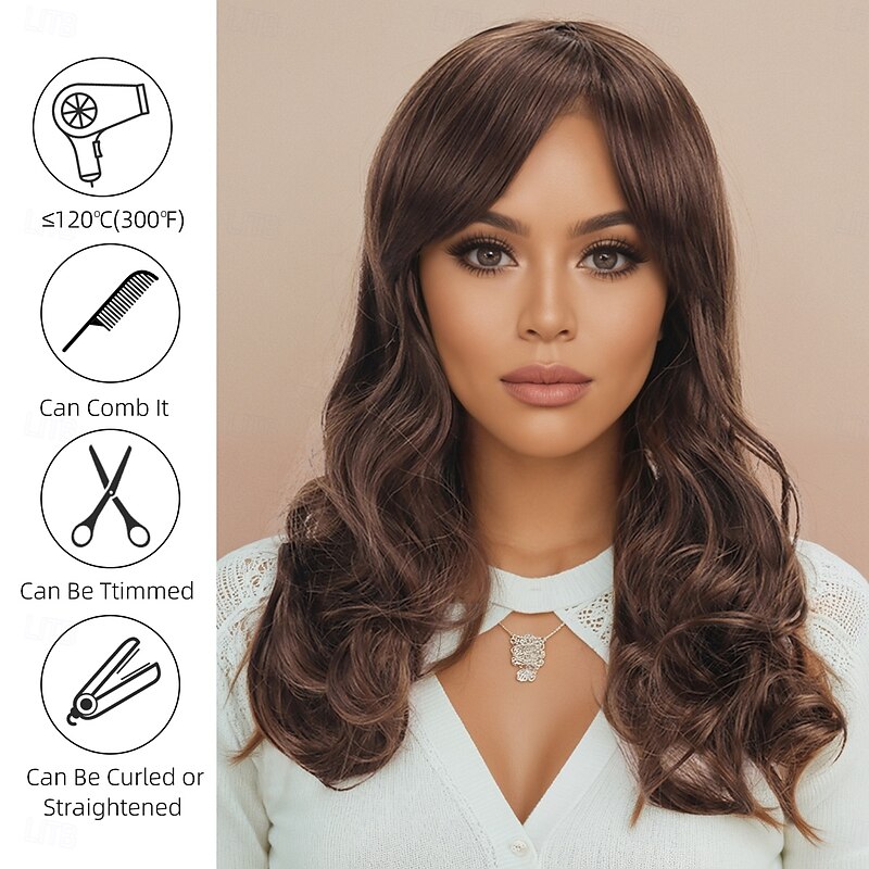 Synthetic Wig Wavy Curly Weave Layered Haircut Deep Parting Machine Made Wig 22 inch A1 Synthetic Hair Women's Soft Classic Comfortable Brown3