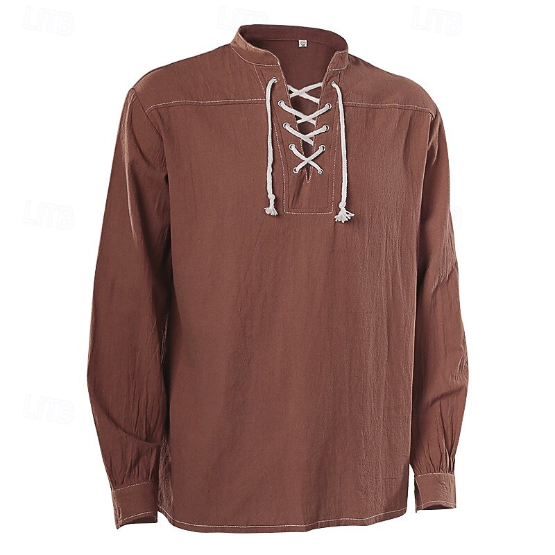 Medieval Renaissance 17th Century Medium Length Blouse / Shirt Cosplay Costume Celtic Knight Elven Drawstring Solid Color Fancy Dress Men's Pirate Fantasy Halloween Masquerade Casual Daily4