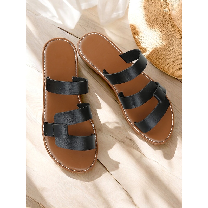 Women's Black Faux Leather Strappy Flat Sandals – Minimalist Slip-On Summer Shoes for Casual, Beach, and Vacation Wear3