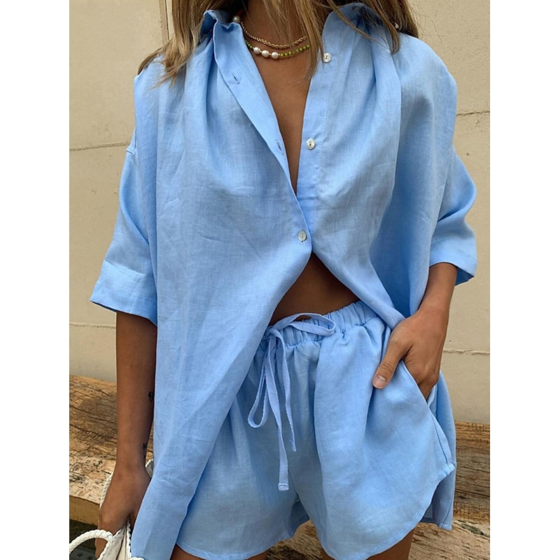Women's Pajamas Loungewear Pajama Set Simple Casual Comfort Pure Color Buttons Shirt Cardigan Shorts Home Gift Daily Short Sleeve Lapel Black White Blue Purple Khaki Summer Spring Fall Loose Fit3