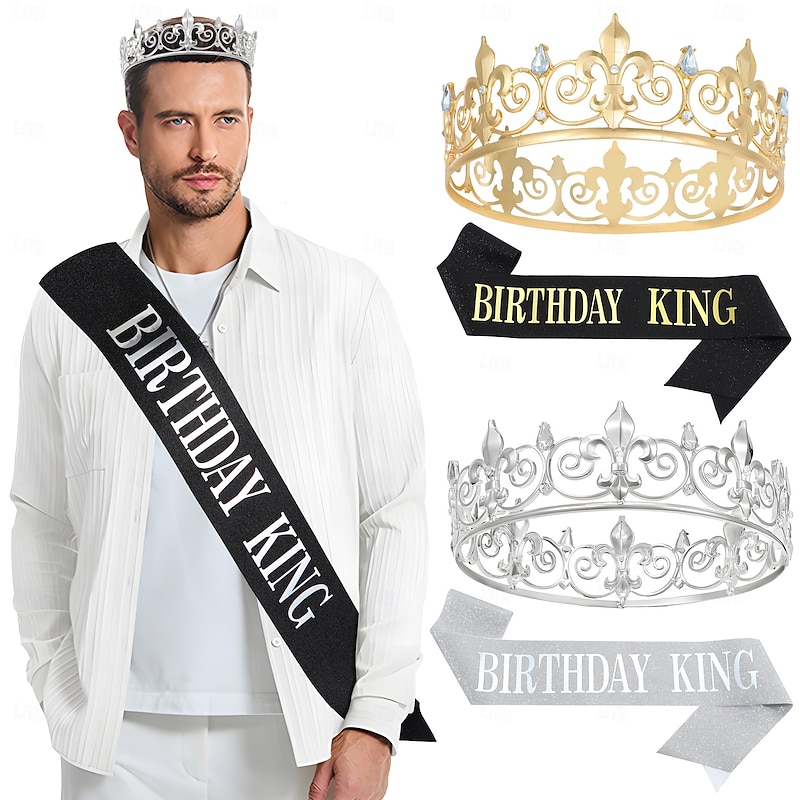 Elegant Birthday King 2-Piece Set for Men - Round Alloy Crown with Sash and Badge Decorations
