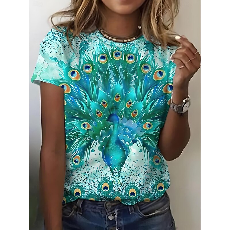 Women's T Shirt Ombre Graphic Feather Casual Short Sleeve Round Neck Regular Tops Daily Going out Weekend Print Grass Green Sage Green White Yellow Dark Green Summer3