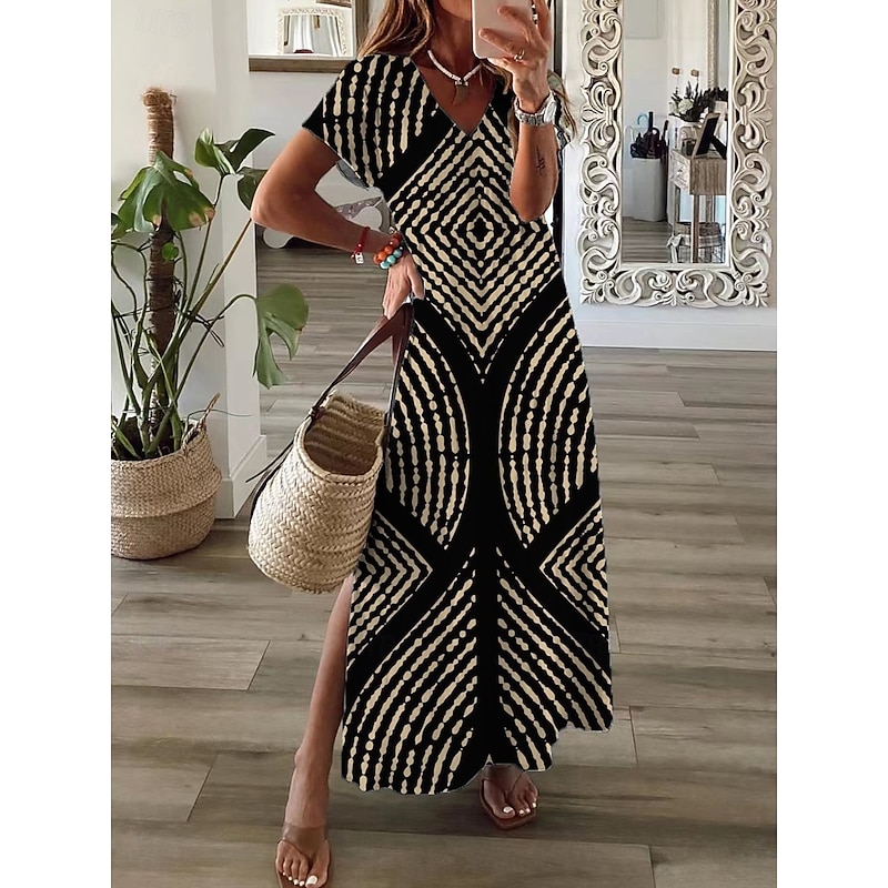 Women's Maxi Dress T Shirt Dress Tee Dress Sundress Shift Dress Summer Dress Bohemia Vintage Party Holiday Beach Regular Fit Geometric Vintage Bohemian Short Sleeve Crew Neck Black Summer Spring
