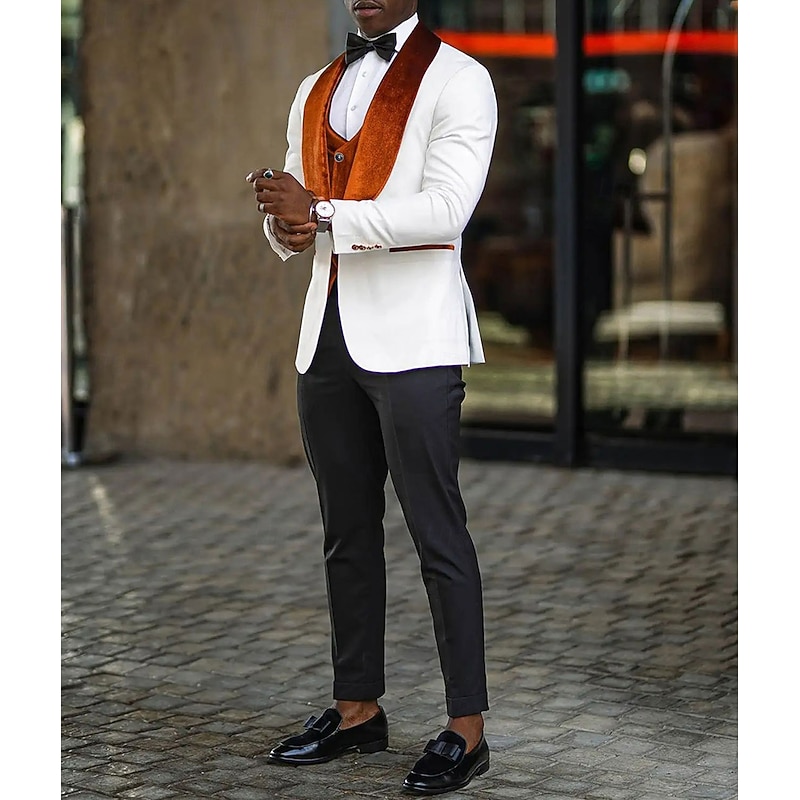 Men's Wedding Fall Wedding Suits Shawl Lapel Shawl Collar Dark Khaki Blue Daily Business Solid Colored Plus Size 3 Piece Single Breasted One-button3