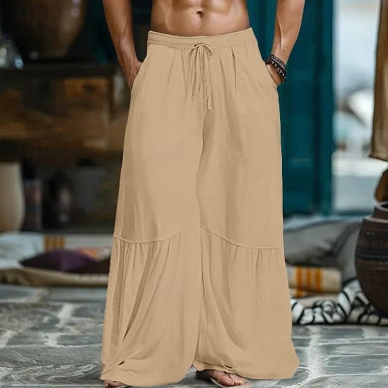Men's Culottes Wide Leg Linen Pants Trousers Summer Pants Baggy Pants Patchwork Drawstring Elastic Waist Plain Comfort Breathable Outdoor Yoga Gym Fashion Retro Vintage Black White2