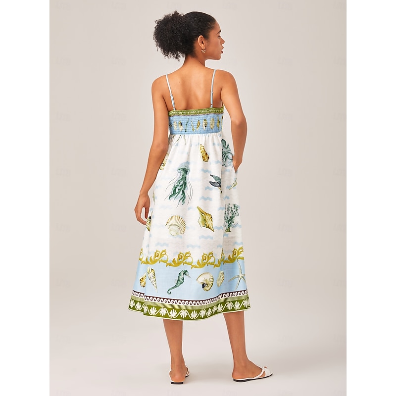 Linen Like Ocean Prints Strap Dress3
