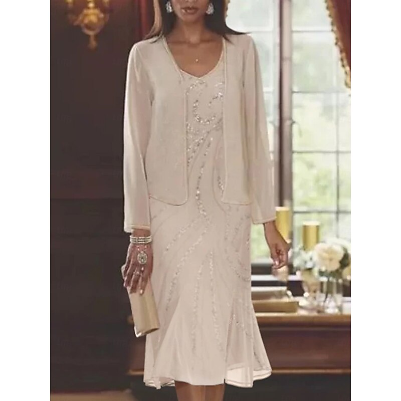 Beach Wedding Two Piece Mermaid Mother of the Bride Dress Formal Wedding Guest Elegant Luxurious V Neck Tea Length Chiffon Sleeveless Wrap Included with Beading Sequin3