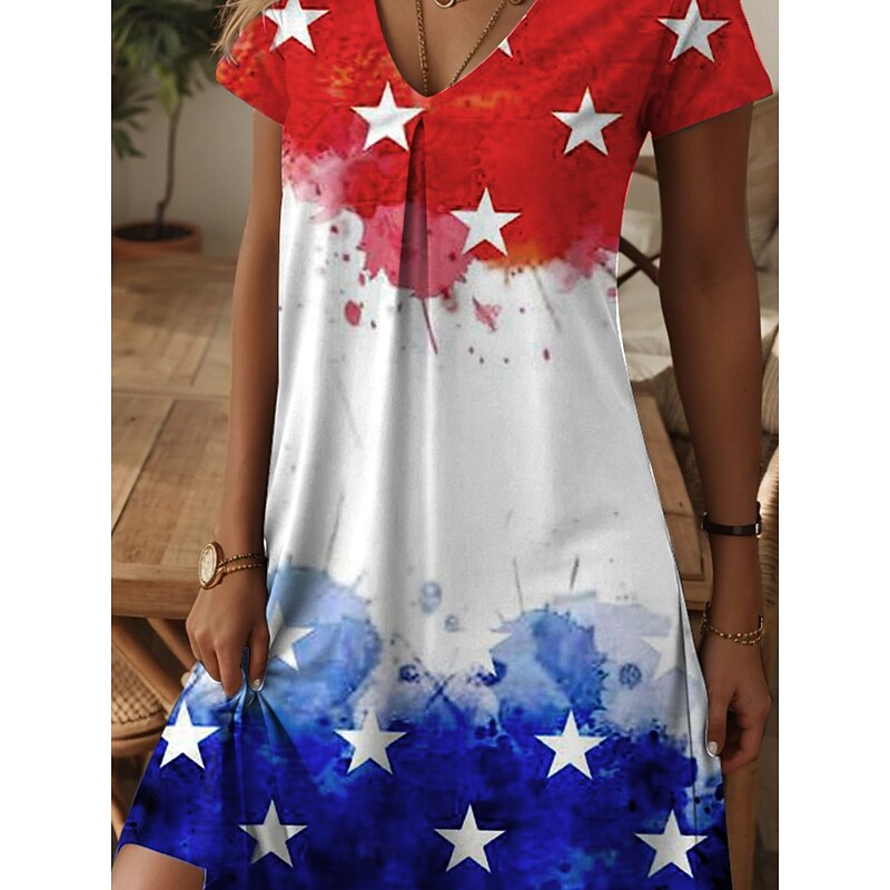 Women's Patriot Veteran Patriotic  Dress Mini Dress T Shirt Dress Summer Dress Casual Daily Regular Fit Graphic Flag Red White And Blue Short Sleeve V Neck Blue3