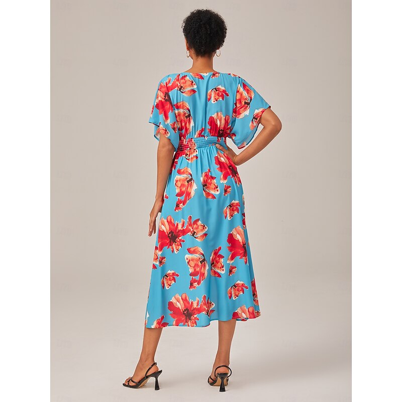 Blue Floral Summer  V Neck Elegant Midi Dress2