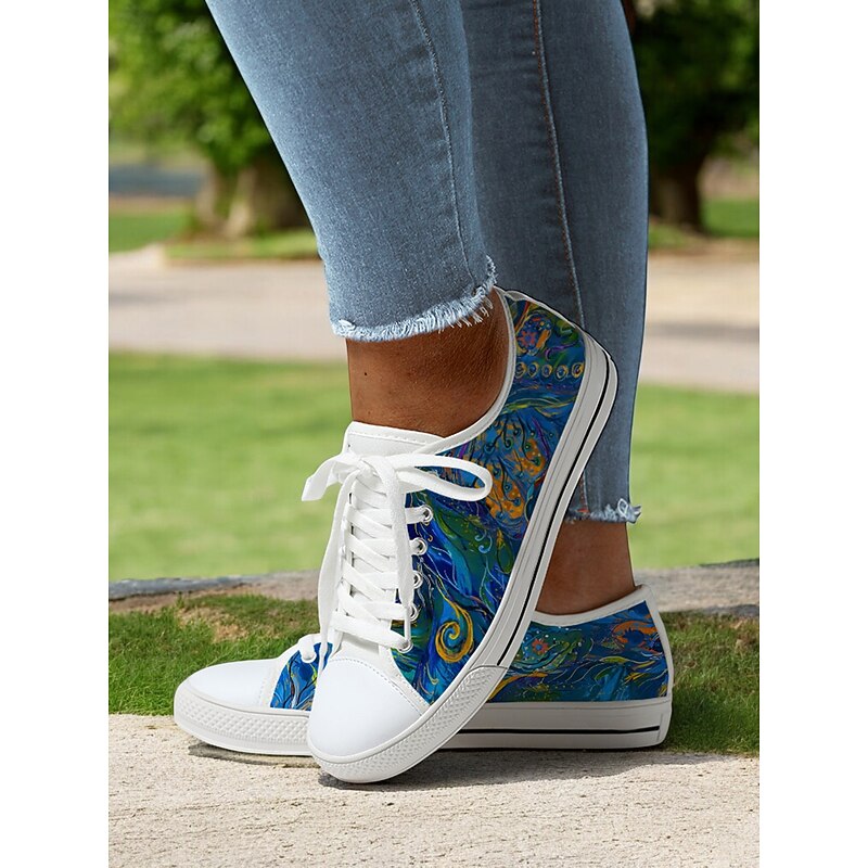 Women's Colorful Artistic Lace-Up Sneakers - Vibrant Patterned Casual Canvas Shoes for Spring and Summer2