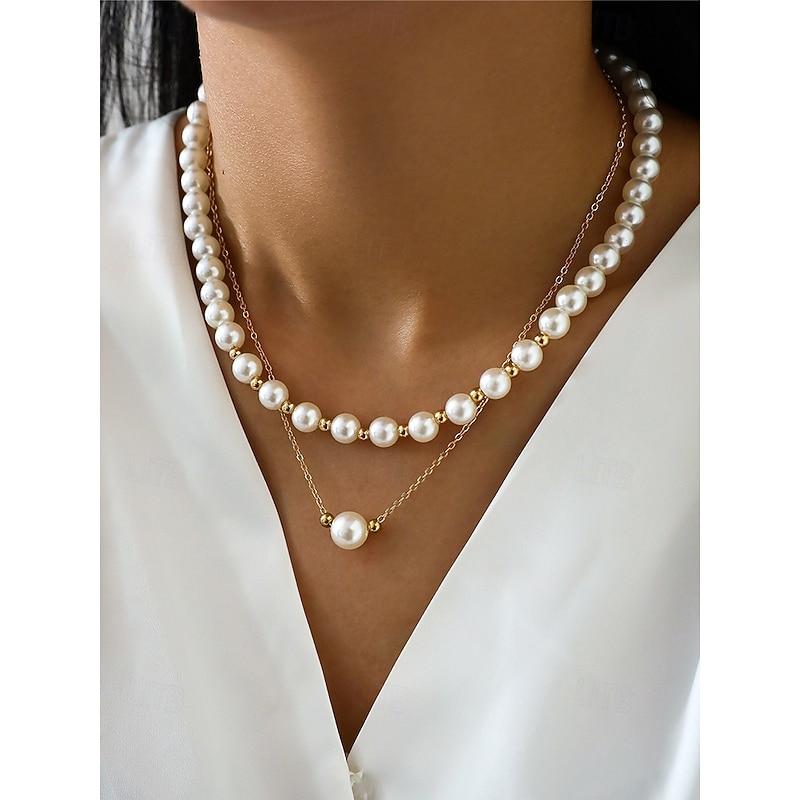 Elegant Layered Pearl Necklace for Women – Gold Chain with White Simulated Pearls, Classic Vintage Jewelry for Weddings, Parties and Formal Events
