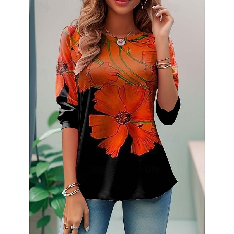 Women's T Shirt Floral Fashion Modern Long Sleeve Crew Neck Regular Tops Daily Print Black Blue Purple Orange Summer2