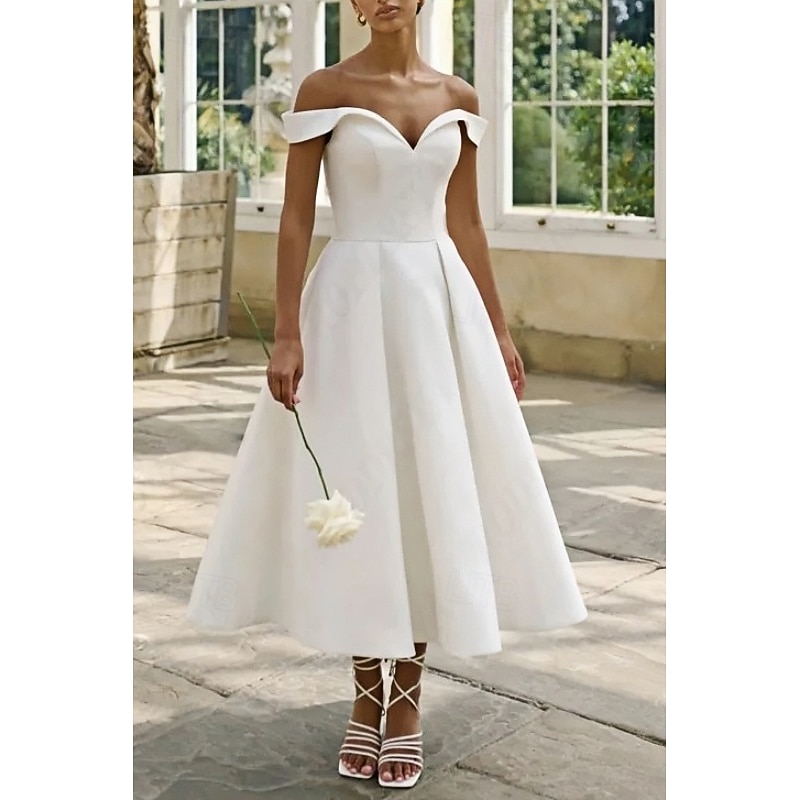 Engagement Little White Dress Bridal Shower Dresses Wedding Dresses A-Line Off Shoulder Short Sleeve Ankle Length Satin Bridal Gowns With Pleats