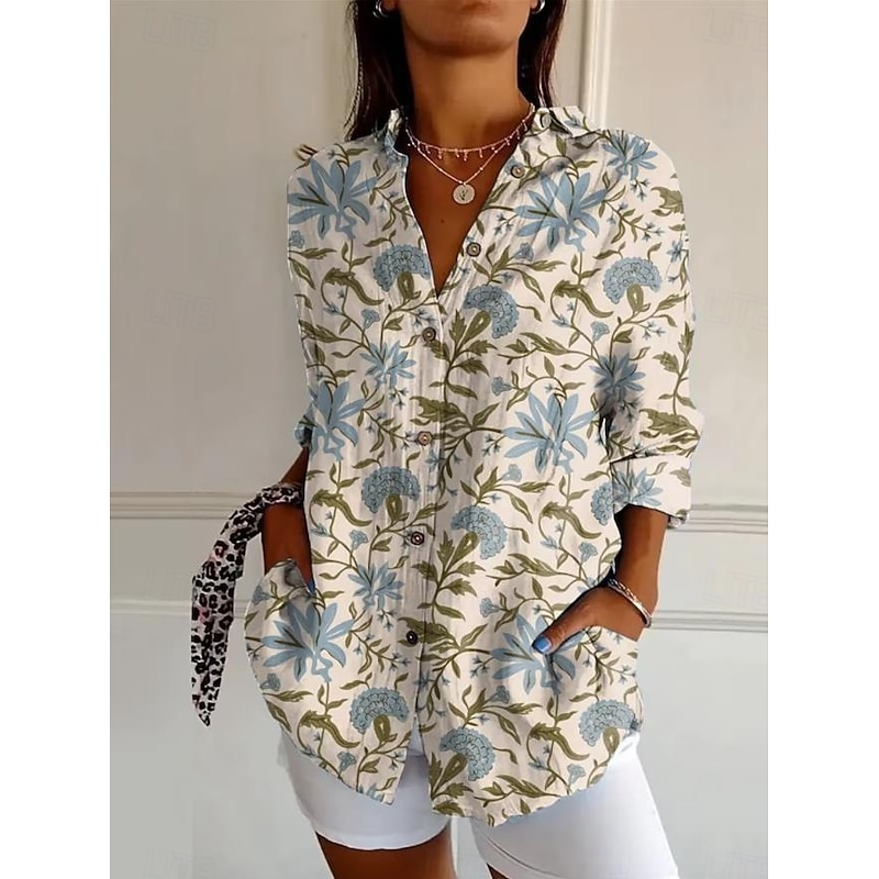 Women's Shirt Button Down Tunic Shirt Collar Long Sleeve Floral Graphic Casual Regular Tops Work Daily s Print Blue Beige Spring Fall Winter2