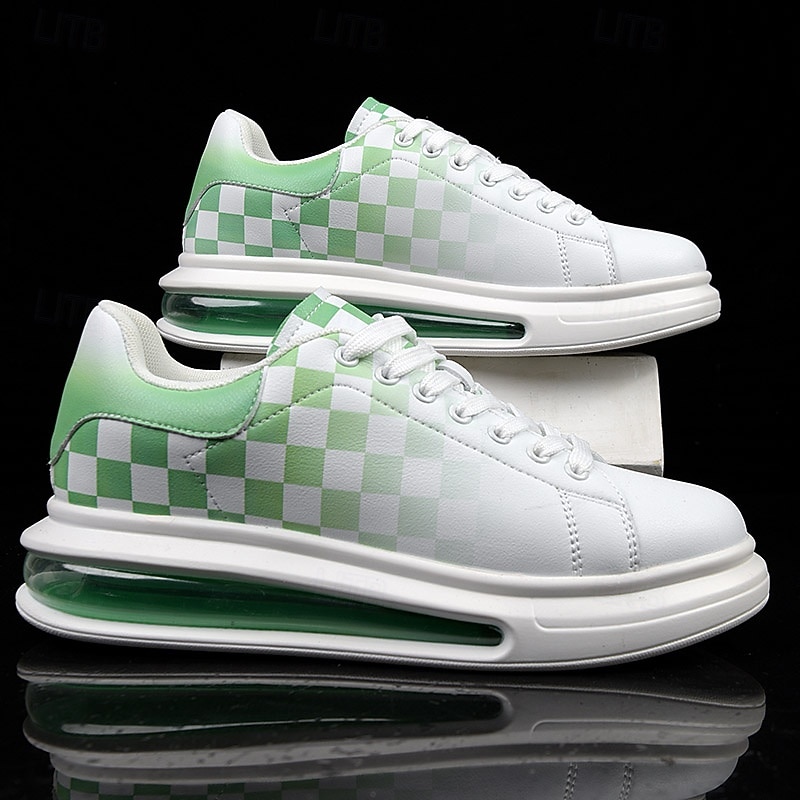 Trendy Men's White and Green Plaid Sneakers with Cushioned Sole - Stylish Spring and Summer Casual Shoes2